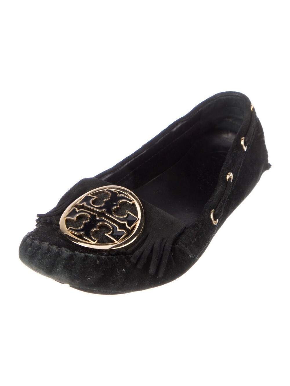 Tory Burch Black and Gold Moccasins with Decorative Medallion S2-003